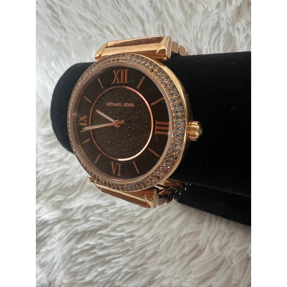 Michael Kors Watch Rose Gold  Black Sparkle Dial Crystal‎ Bezel Needs Battery